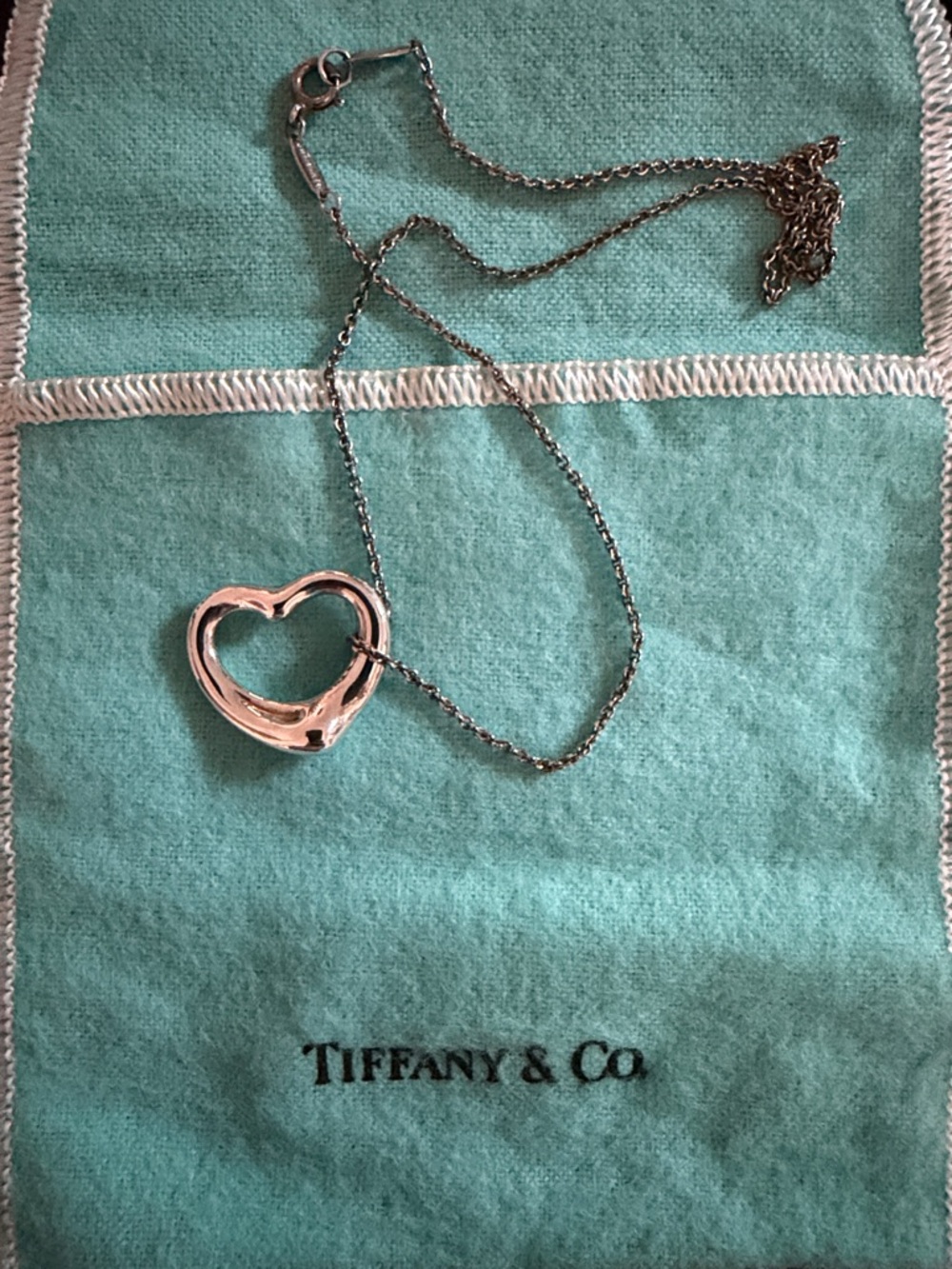 Tiffany & Co. Sterling Silver Elsa Peretti Heart pendant and necklace with Pouch